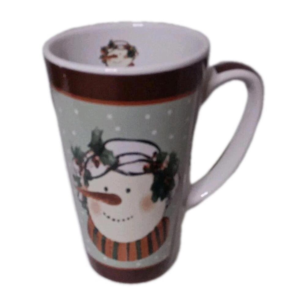 TALL NANTUCKET CHRISTMAS/SNOWMAN COFFEE MUG HOLDS 20 OZ TO THE RIM 6" TALL.